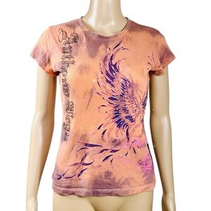 Anthiny Vega T-shirt with sparkle and lady with wings - Peach/Purple Sz L